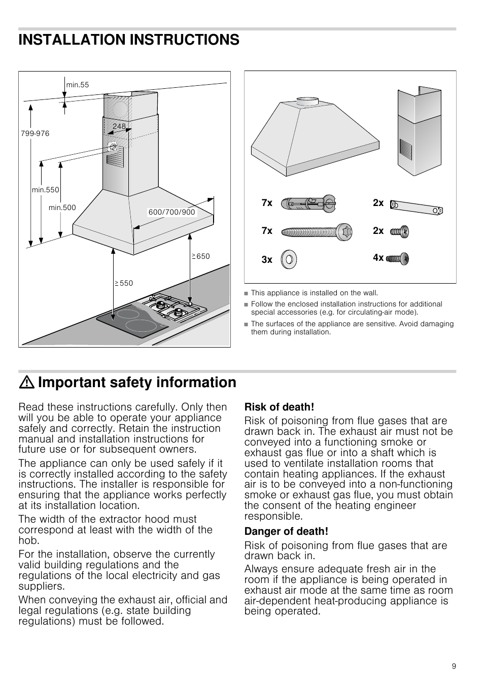 Installation instructions, Important safety information, Risk of death | Danger of death | Neff D66B21S0GB User Manual | Page 9 / 16