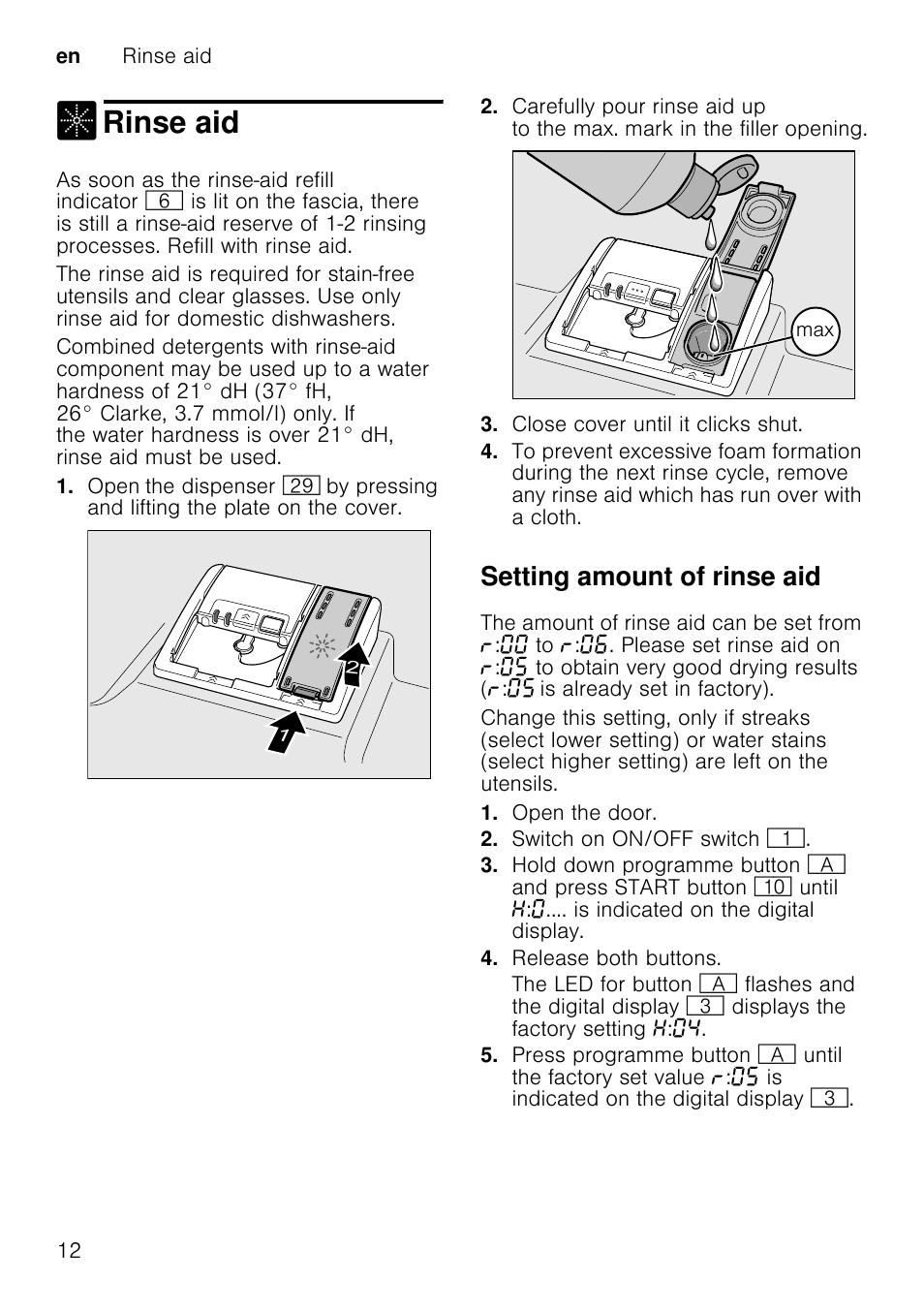 Loading the dishwasher, Place the utensils so that, Unloading the dishwasher | Note, Cups and glasses, Pans, Rinse aid, Setting amount of rinse aid, En rinse aid 12 | Neff S51T69X3GB User Manual | Page 12 / 42