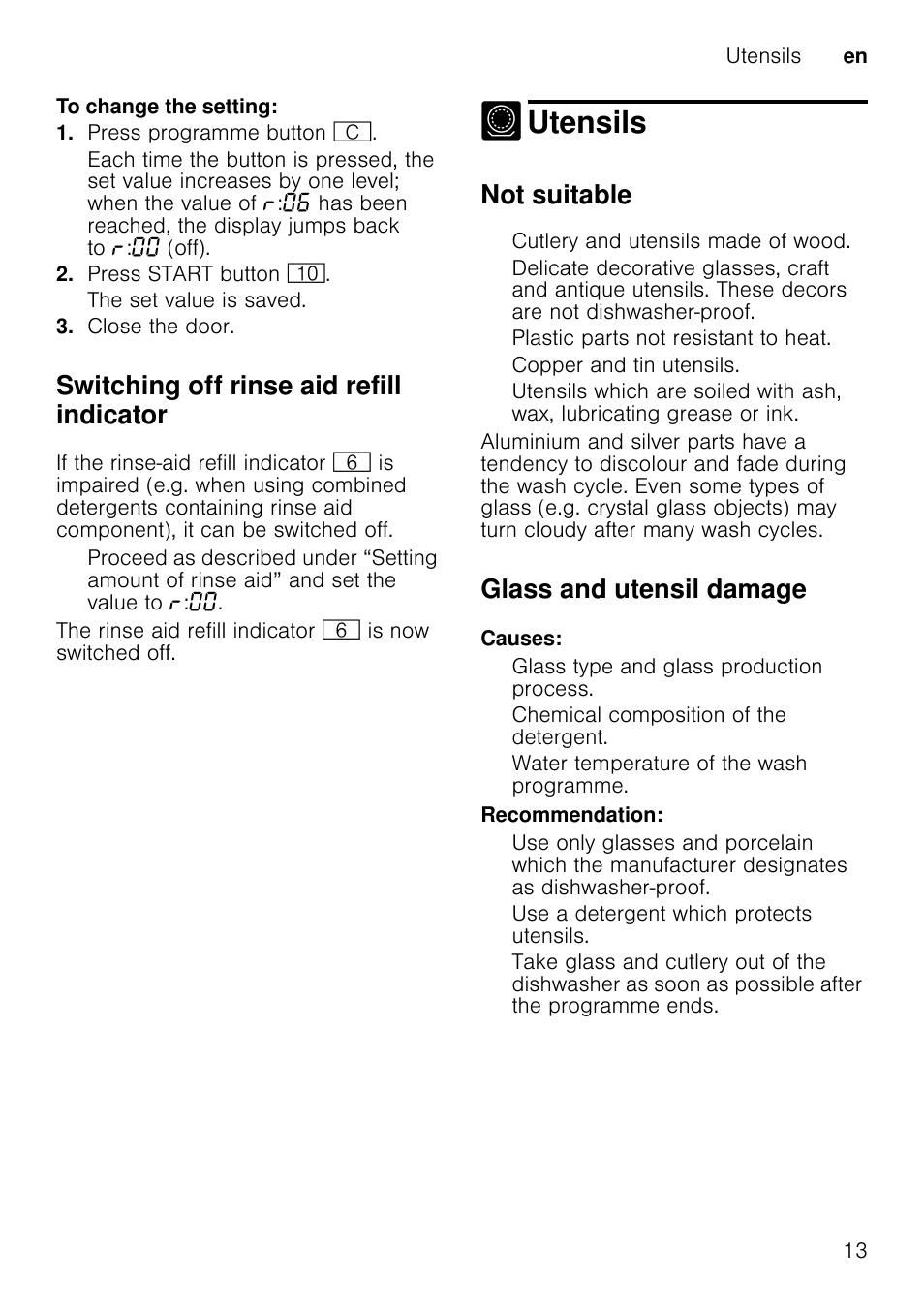 Cutlery drawer, Folding spikesfolding spikes, Utensils | Switching off rinse aid refill indicator, Not suitable, Glass and utensil damage | Neff S51T69X3GB User Manual | Page 13 / 42