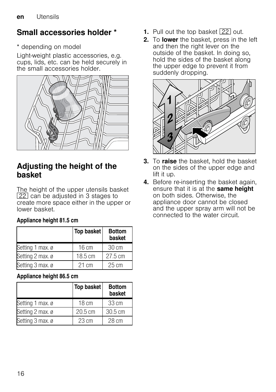 Combination detergent, M warning, Notes | Small accessories holder, Adjusting the height of the basket | Neff S51T69X3GB User Manual | Page 16 / 42