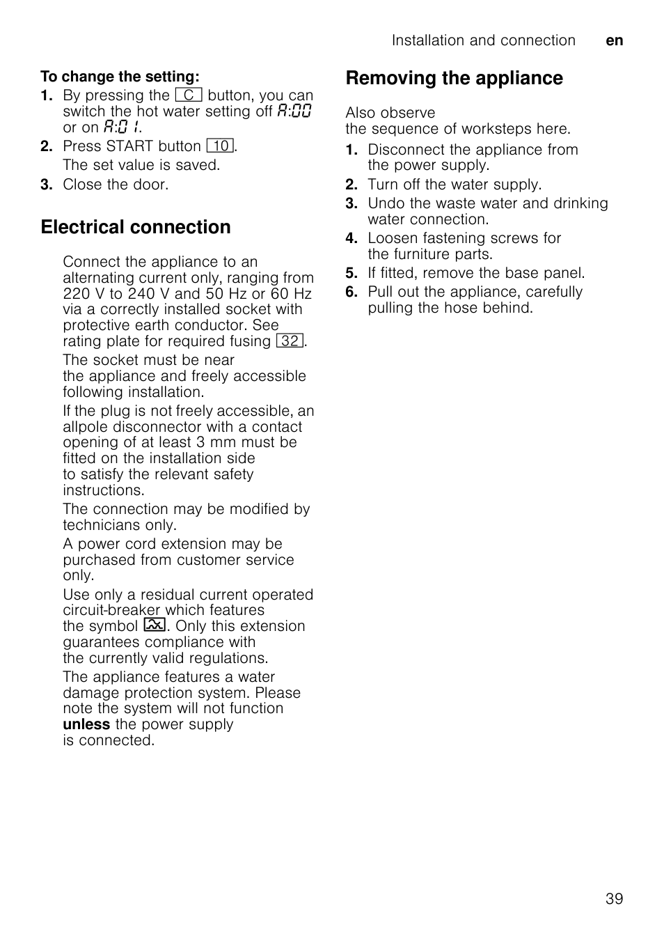 Electrical connection, Removing the appliance | Neff S51T69X3GB User Manual | Page 39 / 42