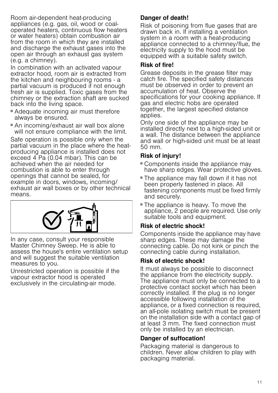 Danger of death, Risk of fire, Risk of injury | Risk of electric shock, Danger of suffocation | Neff I89DK62N0B User Manual | Page 11 / 16