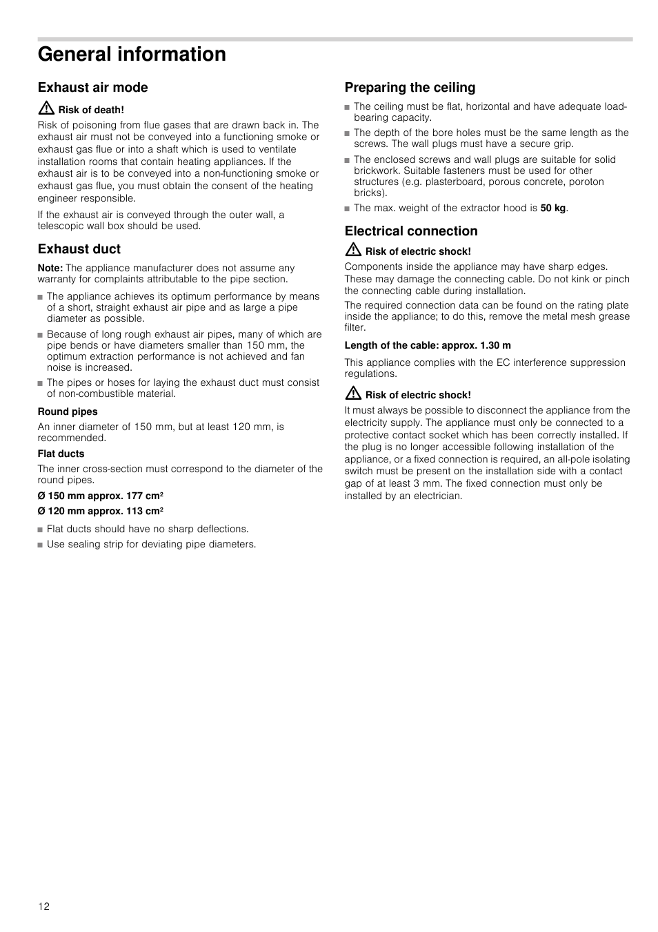 General information, Exhaust air mode, Risk of death | Exhaust duct, Note, Preparing the ceiling, Electrical connection, Risk of electric shock, Length of the cable: approx. 1.30 m | Neff I89DK62N0B User Manual | Page 12 / 16