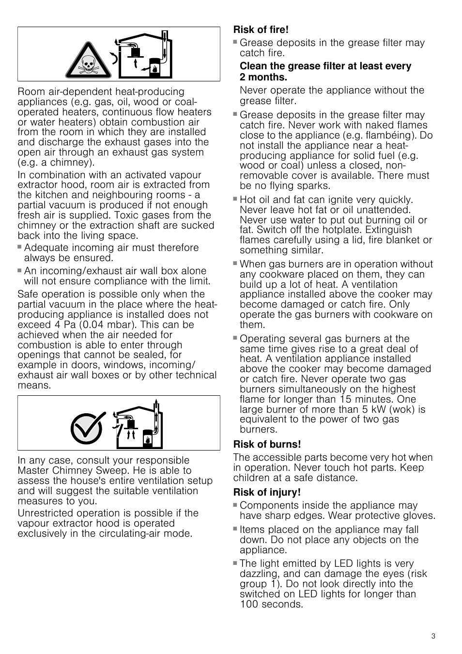 Risk of fire, Clean the grease filter at least every 2 months, Risk of burns | Risk of injury | Neff I89DK62N0B User Manual | Page 3 / 16