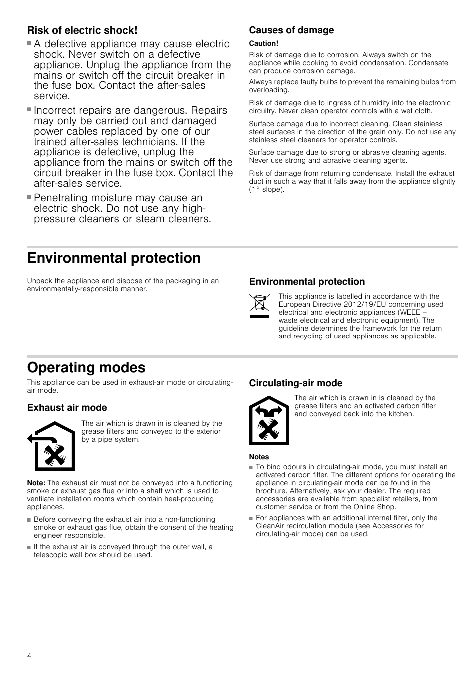 Risk of electric shock, Causes of damage, Caution | Environmental protection, Operating modes, Exhaust air mode, Note, Circulating-air mode, Notes, Ating modes exhaust air mode circulating-air mode | Neff I89DK62N0B User Manual | Page 4 / 16