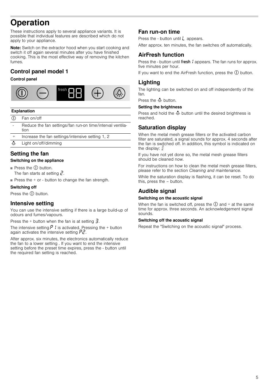 Operation, Note, Control panel model 1 | Control panel, Setting the fan, Intensive setting, Fan run-on time, Airfresh function, Lighting, Saturation display | Neff I89DK62N0B User Manual | Page 5 / 16