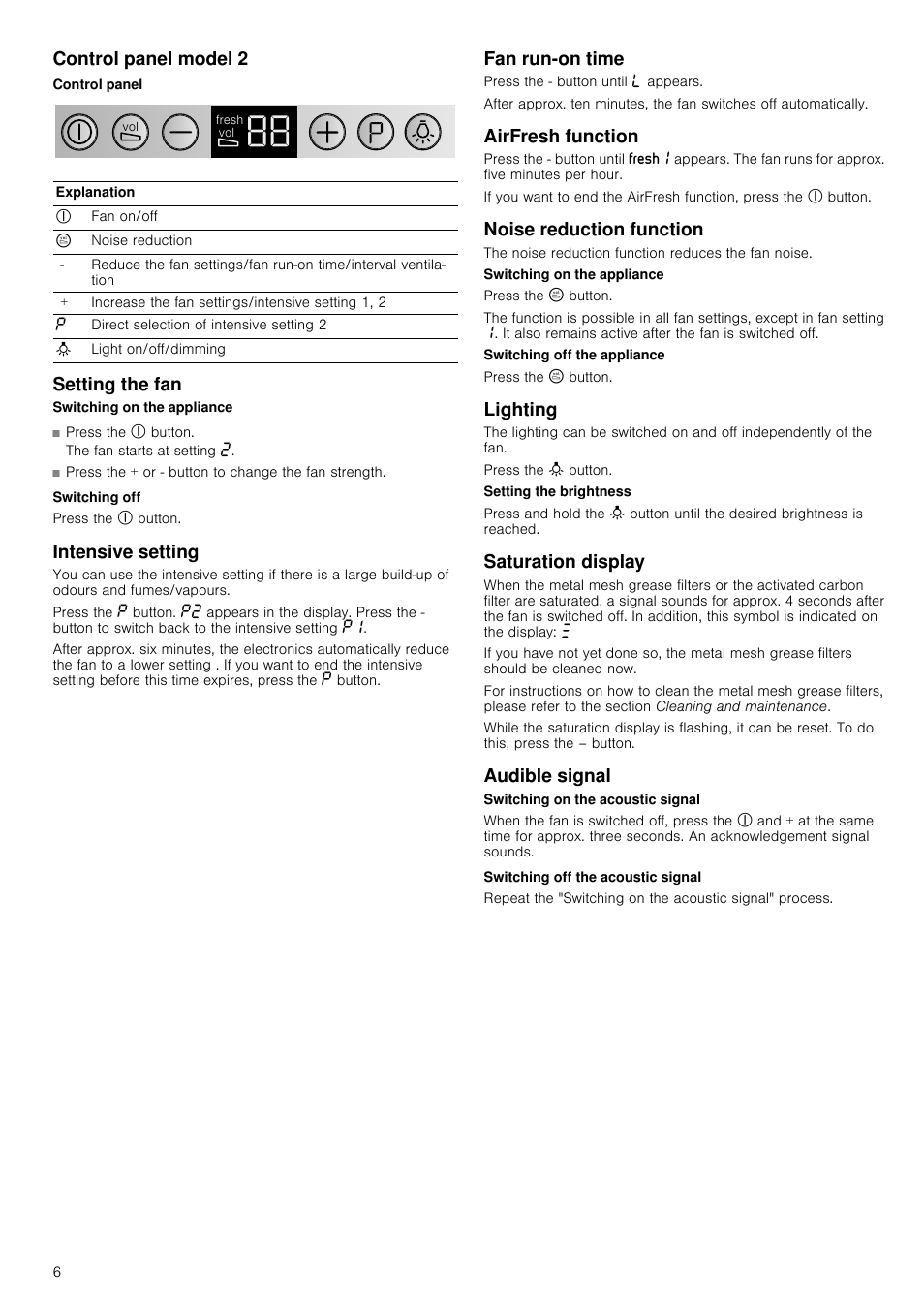 Control panel model 2, Control panel, Setting the fan | Intensive setting, Fan run-on time, Airfresh function, Noise reduction function, Lighting, Saturation display, Audible signal | Neff I89DK62N0B User Manual | Page 6 / 16