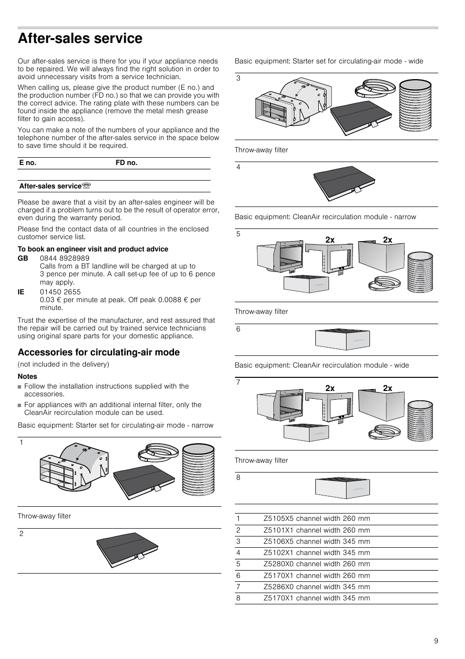 After-sales service, To book an engineer visit and product advice, Accessories for circulating-air mode | Notes, Throw-away filter, Vice accessories for circulating-air mode | Neff I89DK62N0B User Manual | Page 9 / 16