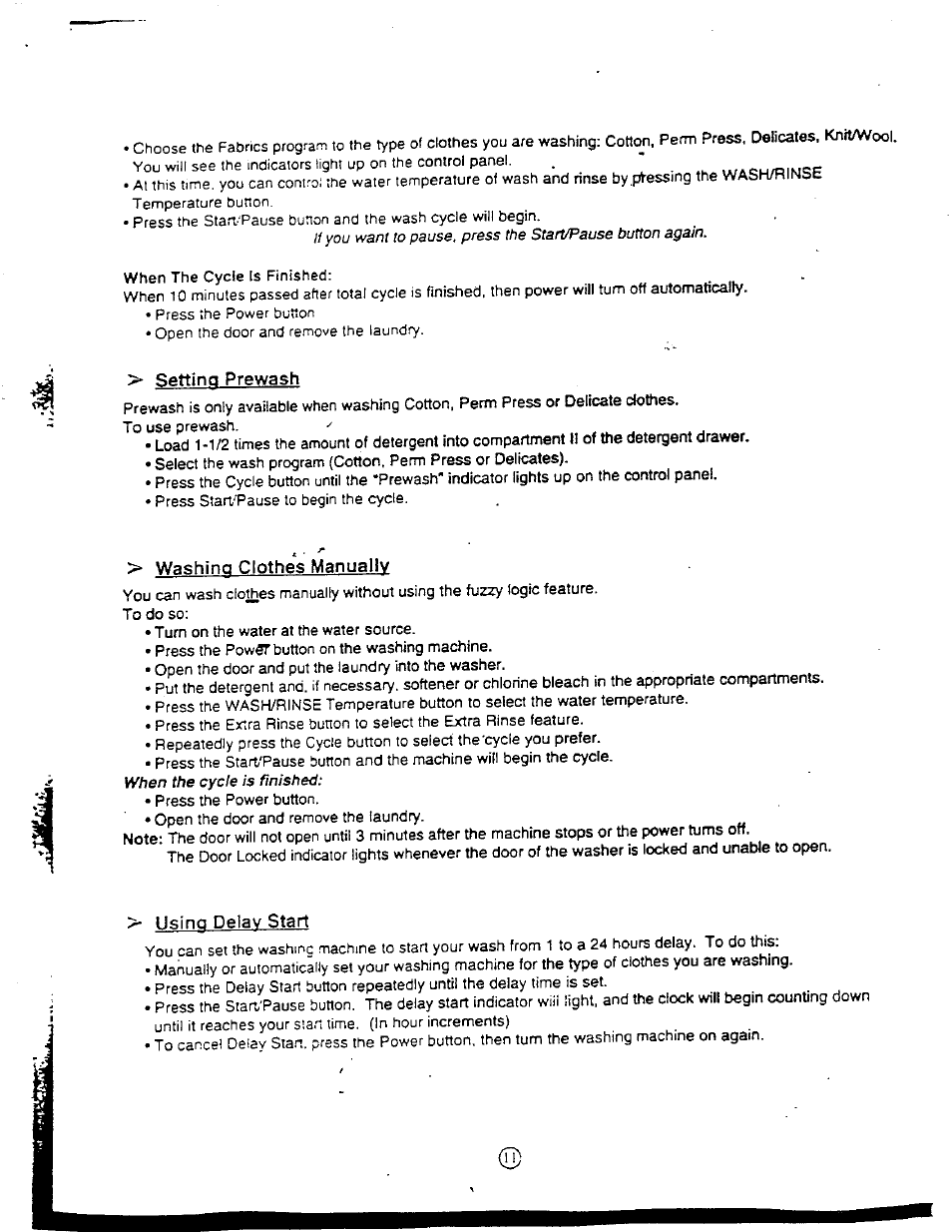 Setting prewash, Washing clothes manually, Using delay start | Avanti W1092F User Manual | Page 11 / 23