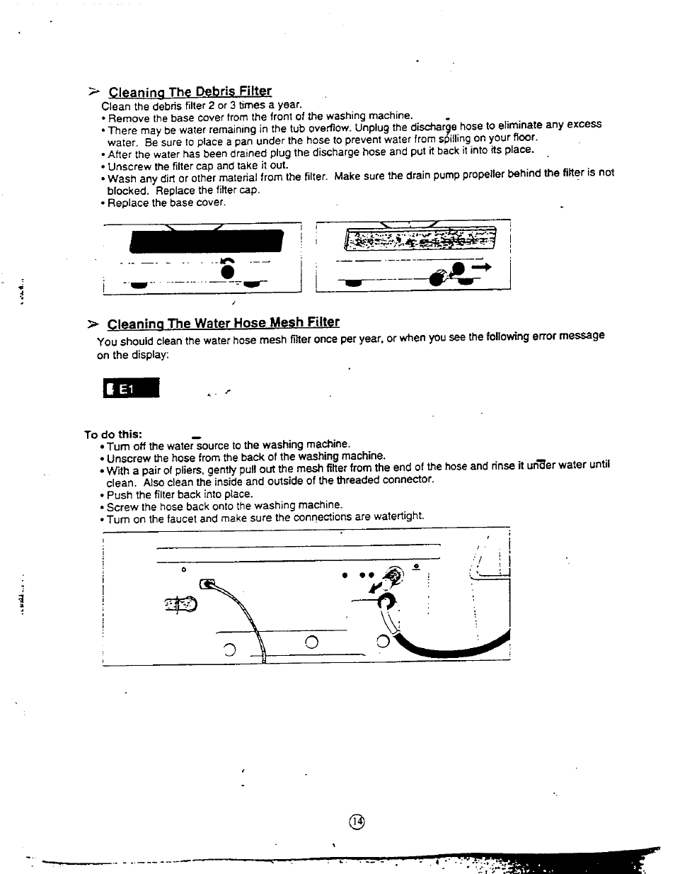 Cleaning the debris filter, Cleaning the water hose mesh filter | Avanti W1092F User Manual | Page 14 / 23