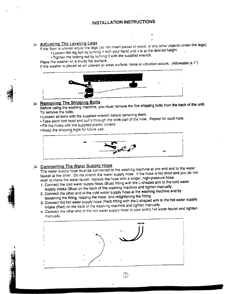 Installation instructions, Adjusting the leveling legs, Removing the shipping bolts | Connecting the water supply hose | Avanti W1092F User Manual | Page 7 / 23