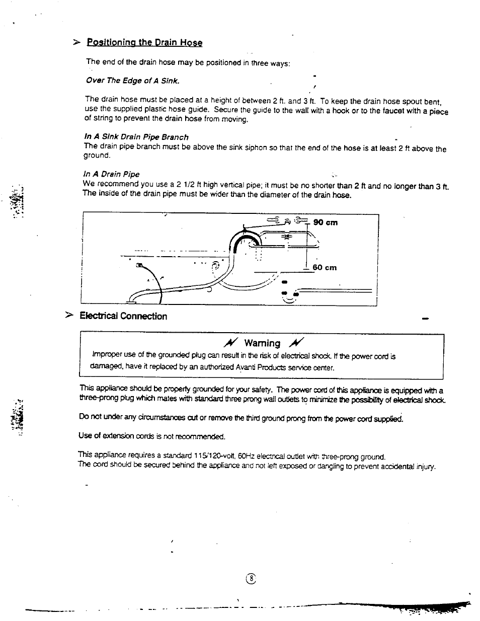 Positioning the drain hose, Warning | Avanti W1092F User Manual | Page 8 / 23