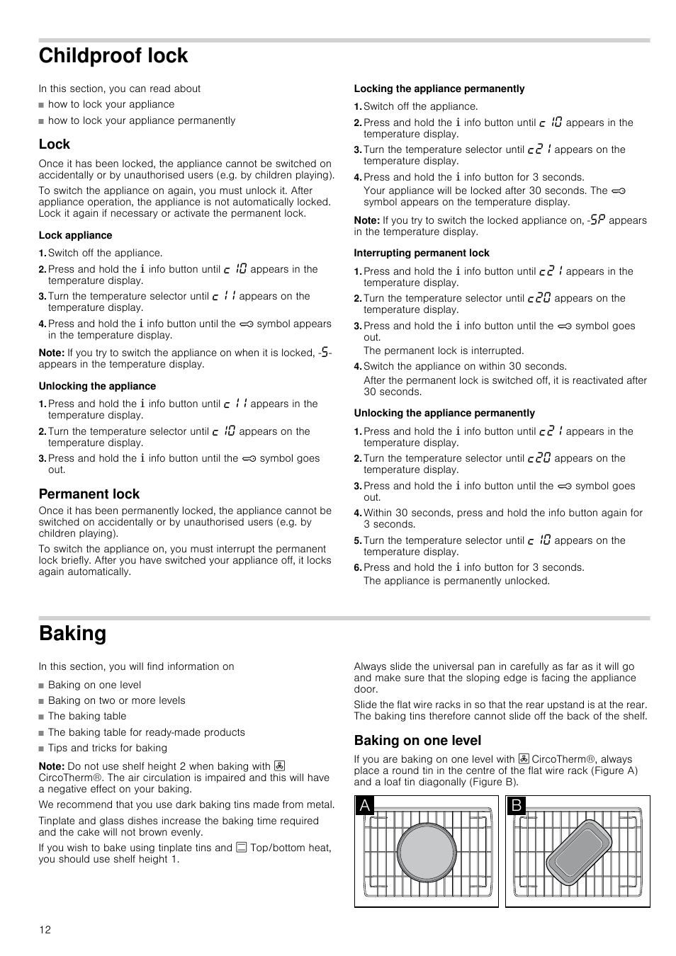 Childproof lock, Lock, Lock appliance | Switch off the appliance, Note, Unlocking the appliance, Permanent lock, Locking the appliance permanently, Press and hold the ± info button for 3 seconds, Interrupting permanent lock | Neff B15P52N3GB User Manual | Page 12 / 32