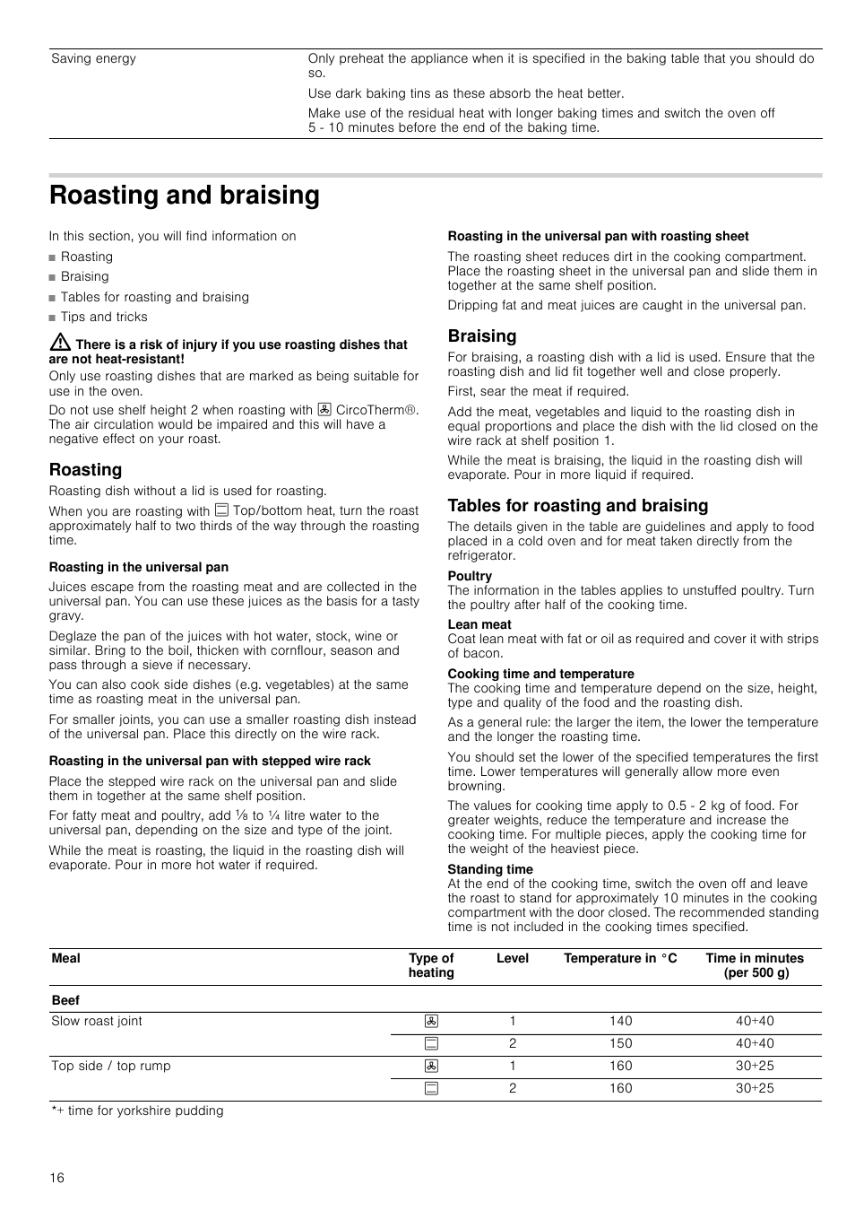 Roasting and braising, Roasting, Roasting in the universal pan | Roasting in the universal pan with roasting sheet, Braising, Tables for roasting and braising | Neff B15P52N3GB User Manual | Page 16 / 32