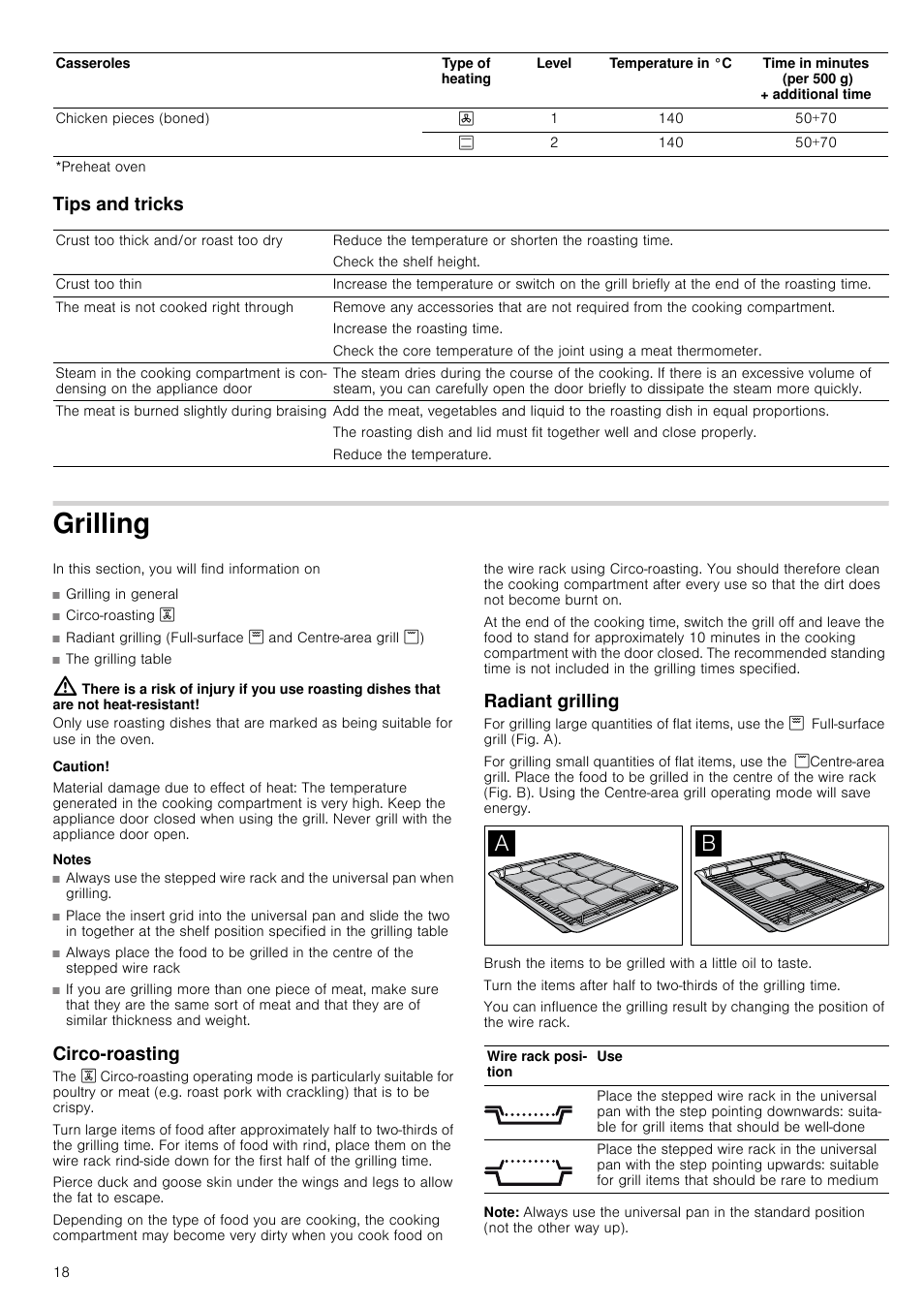 Tips and tricks, Grilling, Caution | Material damage due to effect of heat, Notes, Circo-roasting, Radiant grilling, Note | Neff B15P52N3GB User Manual | Page 18 / 32