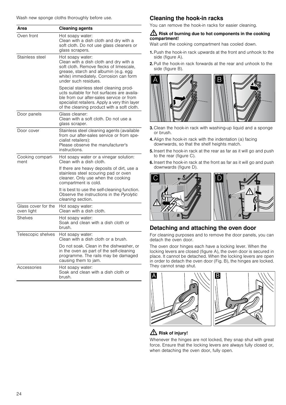 Cleaning the hook-in racks, Detaching and attaching the oven door, Risk of injury | Neff B15P52N3GB User Manual | Page 24 / 32