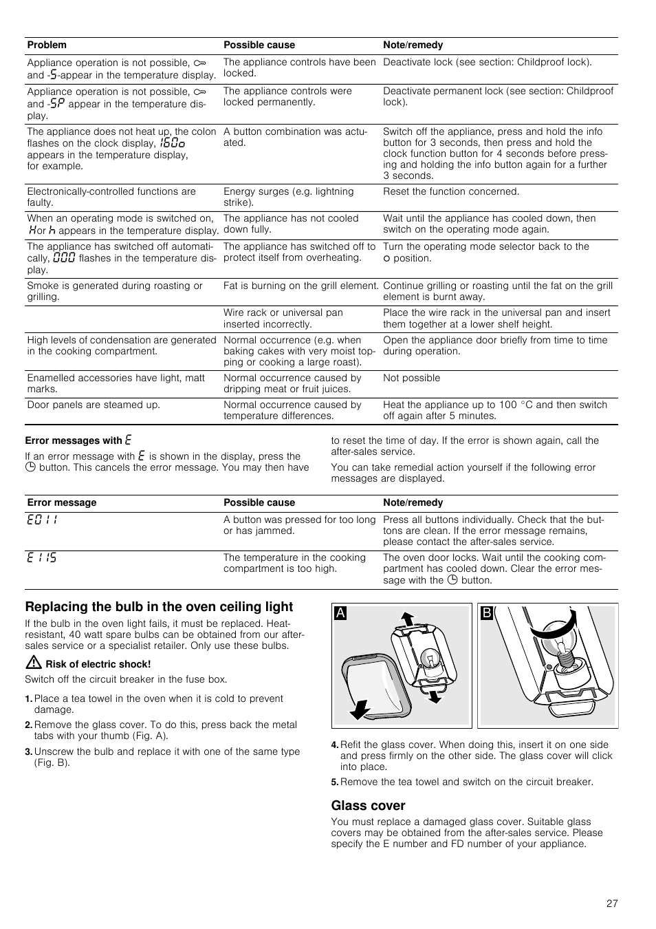 Error messages with, Replacing the bulb in the oven ceiling light, Risk of electric shock | Glass cover | Neff B15P52N3GB User Manual | Page 27 / 32