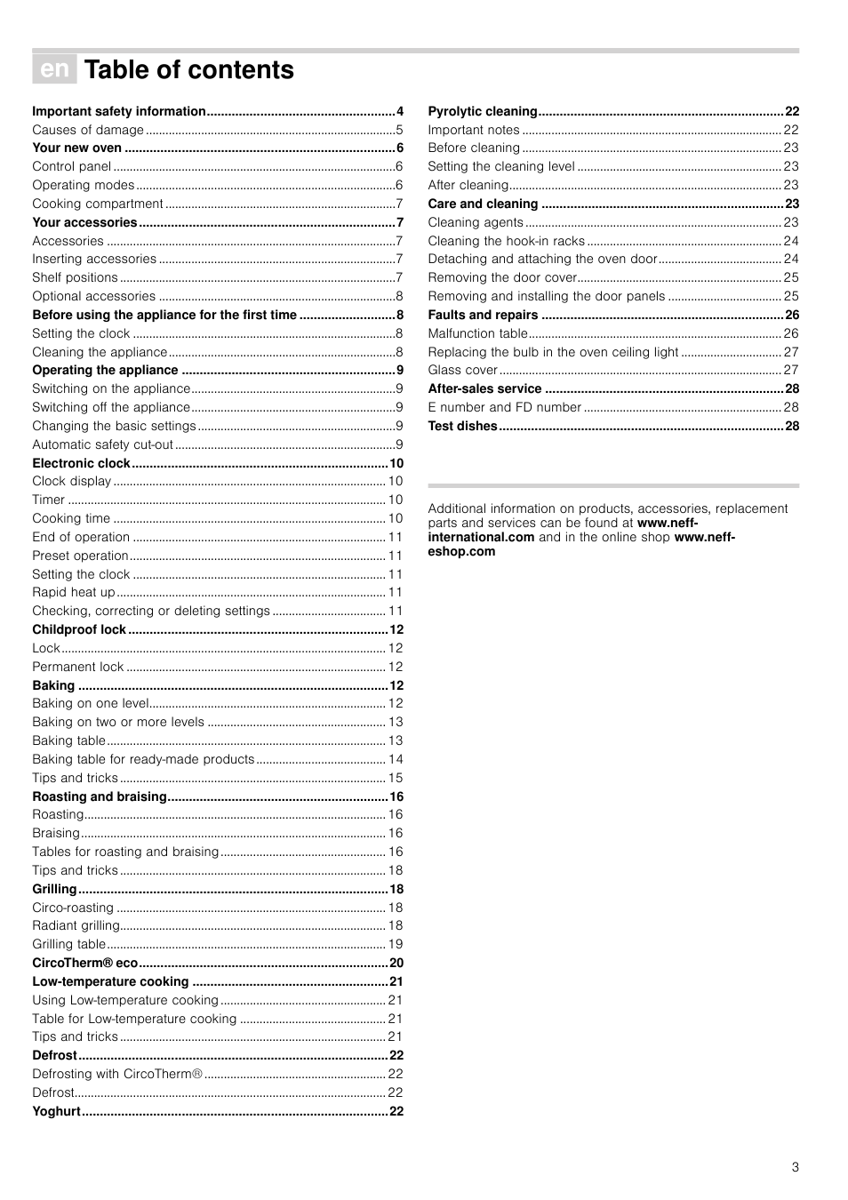 Ú table of contents[en]instruction manual, Your new oven 6, Your accessories 7 | Before using the appliance for the first time 8, Operating the appliance 9, Electronic clock 10, Childproof lock 12, Baking 12, Roasting and braising 16, Grilling 18 | Neff B15P52N3GB User Manual | Page 3 / 32