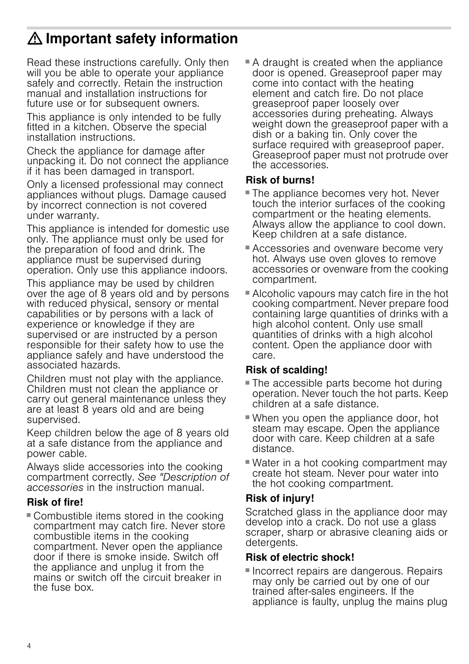 Important safety information, Risk of fire, Risk of burns | Risk of scalding, Risk of injury, Risk of electric shock | Neff B15P52N3GB User Manual | Page 4 / 32