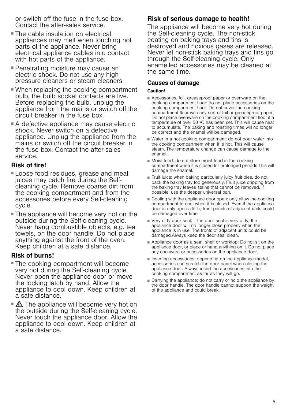 Risk of electric shock, Risk of fire, Risk of burns | Risk of serious damage to health, Causes of damage, Caution | Neff B15P52N3GB User Manual | Page 5 / 32