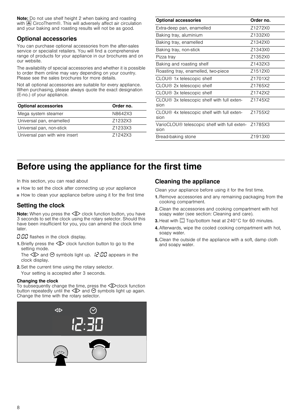 Note, Optional accessories, Before using the appliance for the first time | Setting the clock, Set the current time using the rotary selector, Cleaning the appliance | Neff B15P52N3GB User Manual | Page 8 / 32