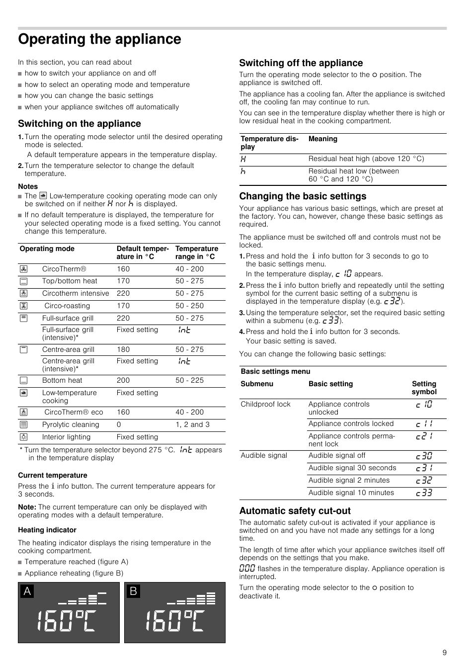 Operating the appliance, Switching on the appliance, Notes | Current temperature, Note, Heating indicator, Switching off the appliance, Changing the basic settings, Press and hold the ± info button for 3 seconds, Automatic safety cut-out | Neff B15P52N3GB User Manual | Page 9 / 32