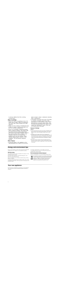 Risk of scalding, Risk of injury, Causes of damage | Caution, Heavily soiled seal, Operating the microwave without food, Microwave popcorn, Energy and environment tips, Saving energy, Environmentally-friendly disposal | Neff C54L60N3GB User Manual | Page 4 / 20