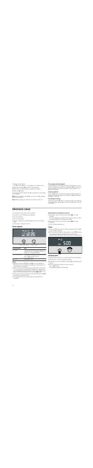 Press the main switch, Press and hold the l button for a few seconds, Select "m1" or "m2" using the programme selector | Press the … button, Note, The cooking time has elapsed, Pausing operation, Cancelling the setting, Electronic clock, Your appliance has various clock functions | Neff C54L60N3GB User Manual | Page 8 / 20