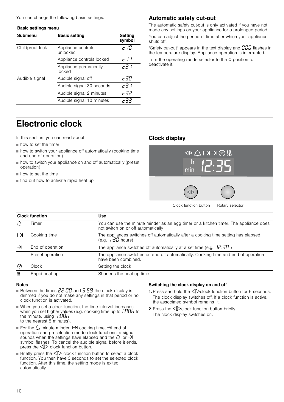 Automatic safety cut-out, Electronic clock, Clock display | Notes, Switching the clock display on and off, Press the kjclock function button briefly | Neff C17E54N3GB User Manual | Page 10 / 32