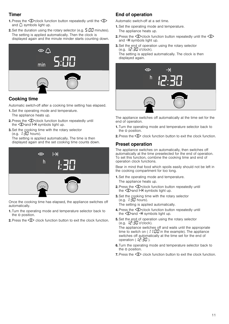 Timer, Cooking time, Set the operating mode and temperature | End of operation, Preset operation, Cooking time end of operation preset operation | Neff C17E54N3GB User Manual | Page 11 / 32