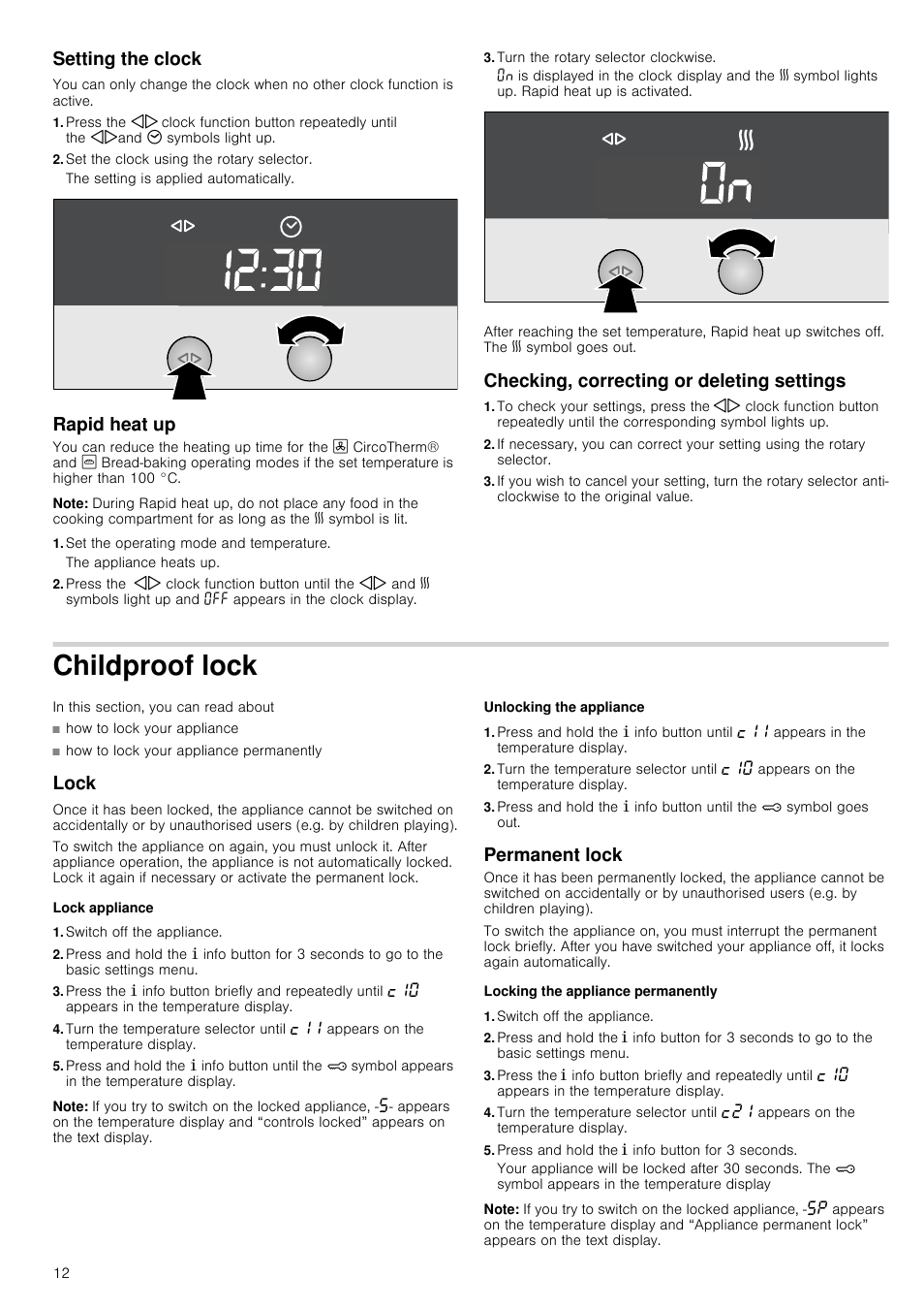 Setting the clock, Set the clock using the rotary selector, Rapid heat up | Note, Set the operating mode and temperature, Turn the rotary selector clockwise, Checking, correcting or deleting settings, Childproof lock, Lock, Lock appliance | Neff C17E54N3GB User Manual | Page 12 / 32