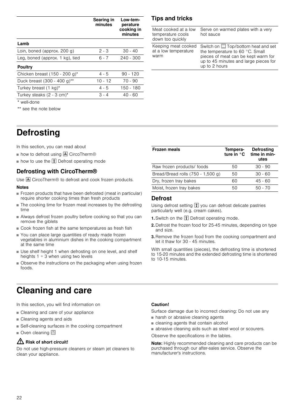 Tips and tricks, Defrosting, Defrosting with circotherm | Notes, Defrost, Switch on the a defrost operating mode, Cleaning and care, Risk of short circuit, Caution, Surface damage due to incorrect cleaning | Neff C17E54N3GB User Manual | Page 22 / 32