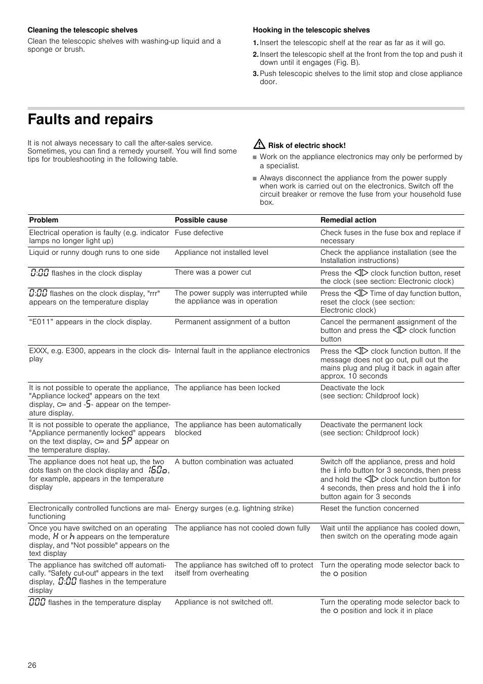 Cleaning the telescopic shelves, Hooking in the telescopic shelves, Faults and repairs | Risk of electric shock | Neff C17E54N3GB User Manual | Page 26 / 32