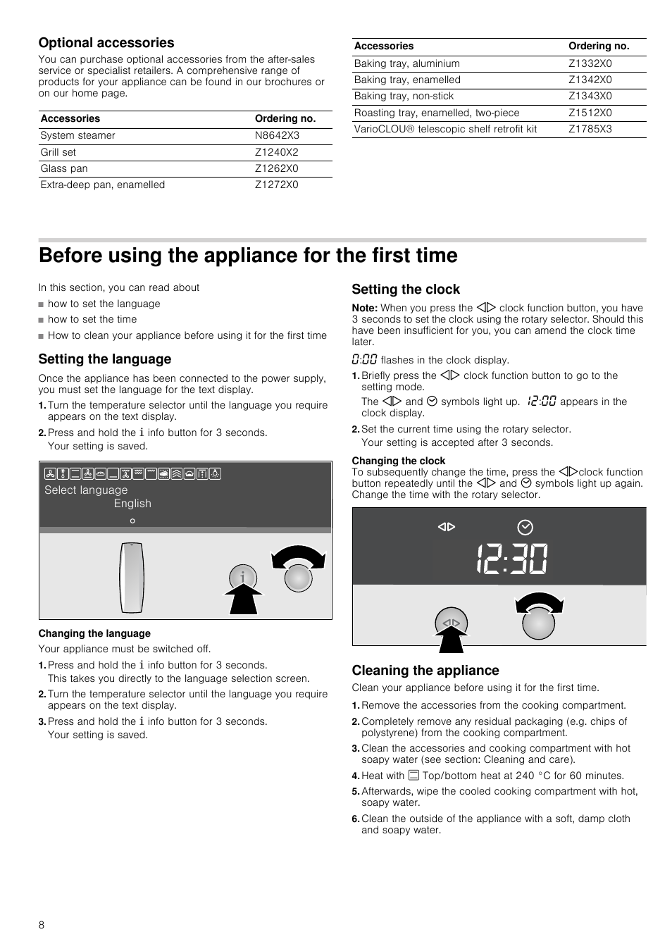 Optional accessories, Before using the appliance for the first time, Setting the language | Press and hold the ± info button for 3 seconds, Changing the language, Setting the clock, Note, Set the current time using the rotary selector, Cleaning the appliance, Rst time | Neff C17E54N3GB User Manual | Page 8 / 32