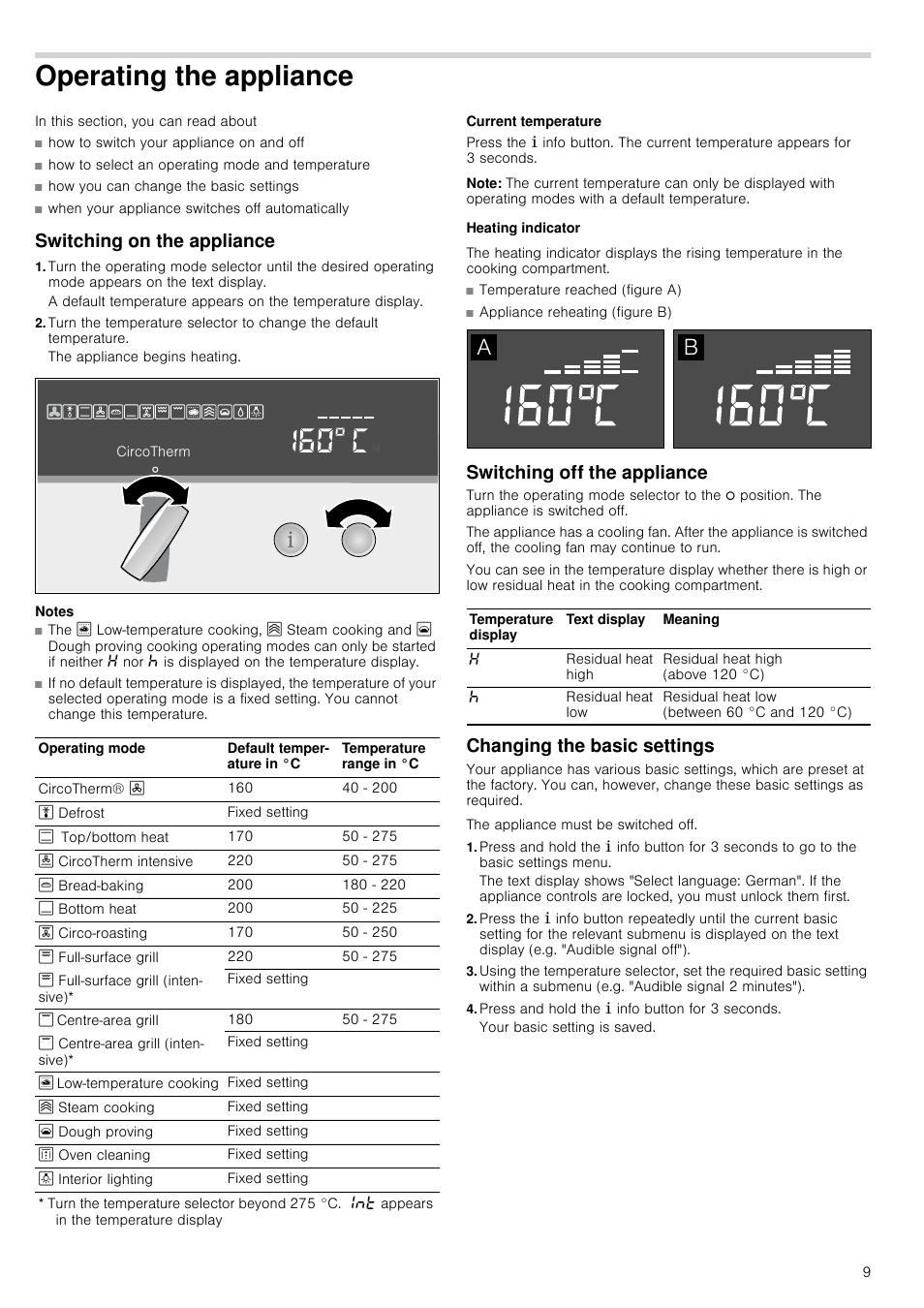 Operating the appliance, Switching on the appliance, Notes | Current temperature, Note, Heating indicator, Switching off the appliance, Changing the basic settings, Press and hold the ± info button for 3 seconds, Ating the appliance | Neff C17E54N3GB User Manual | Page 9 / 32