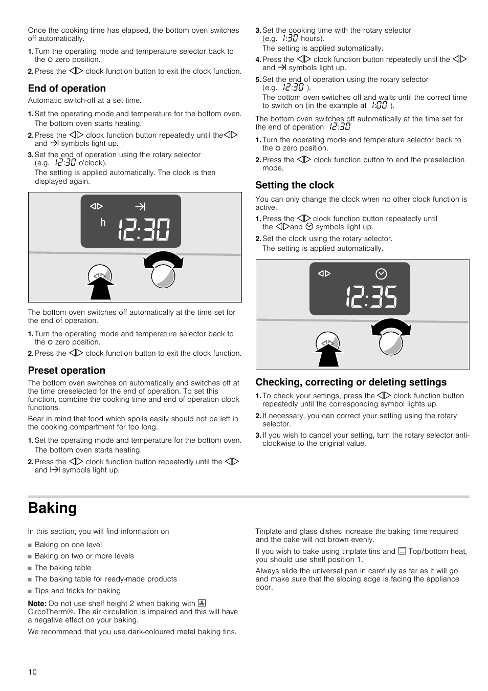 End of operation, Preset operation, Setting the clock | Set the clock using the rotary selector, Checking, correcting or deleting settings, Baking, Note | Neff U17S32N3GB User Manual | Page 10 / 24