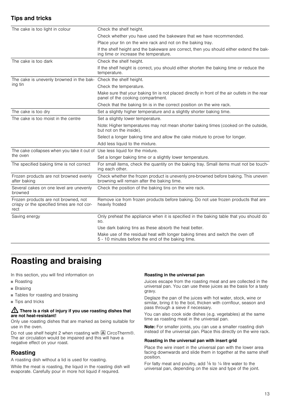 Tips and tricks, Roasting and braising, Roasting | Roasting in the universal pan, Note, Roasting in the universal pan with insert grid | Neff U17S32N3GB User Manual | Page 13 / 24