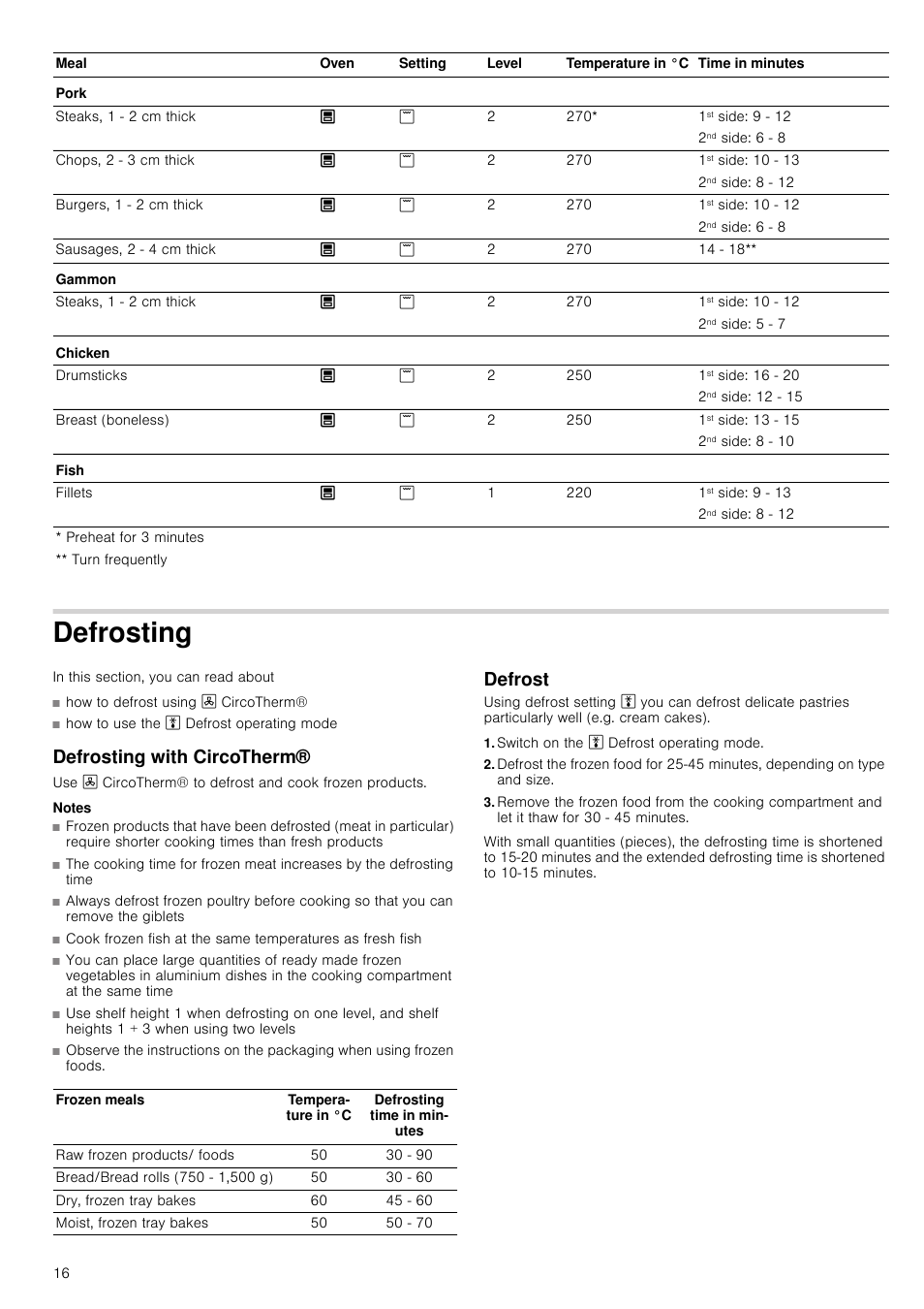 Defrosting, Defrosting with circotherm, Notes | Defrost, Switch on the a defrost operating mode, Defrosting with circotherm® defrost | Neff U17S32N3GB User Manual | Page 16 / 24