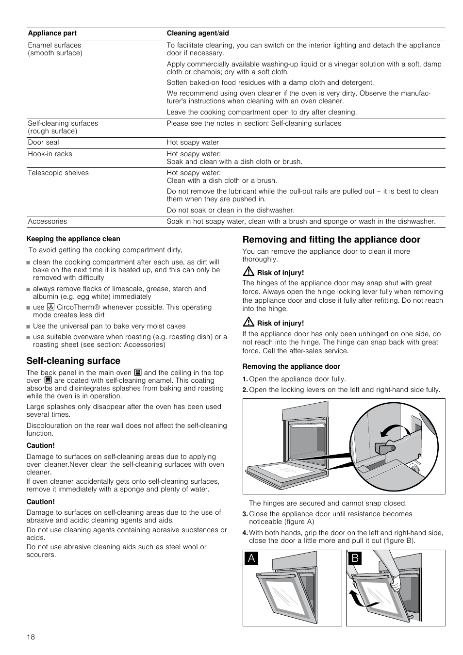 Keeping the appliance clean, Self-cleaning surface, Caution | Removing and fitting the appliance door, Risk of injury, Removing the appliance door, Open the appliance door fully | Neff U17S32N3GB User Manual | Page 18 / 24