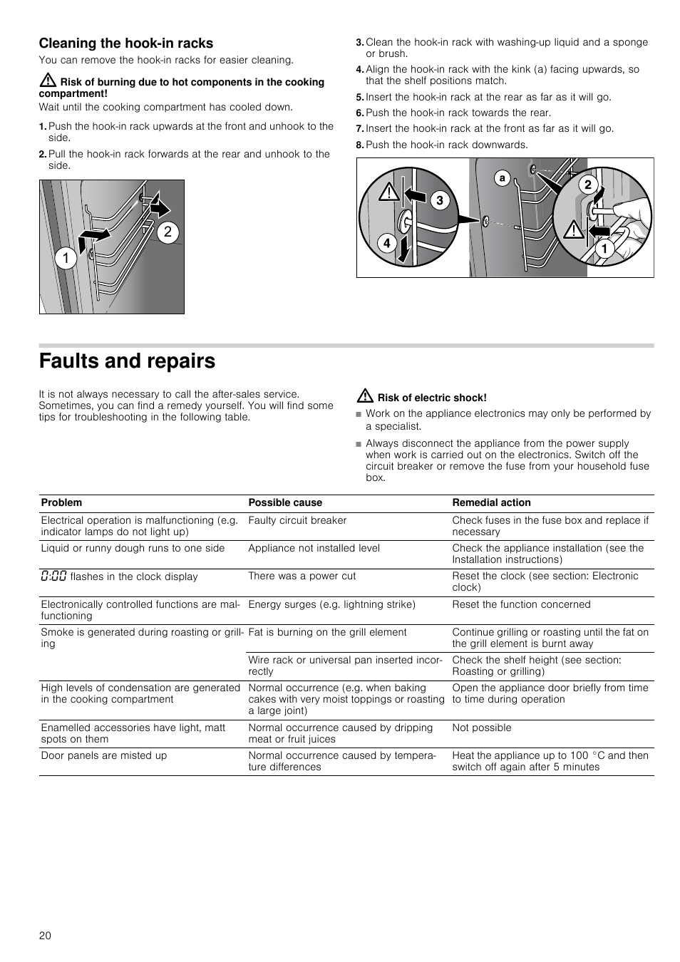 Cleaning the hook-in racks, Push the hook-in rack towards the rear, Push the hook-in rack downwards | Faults and repairs, Risk of electric shock | Neff U17S32N3GB User Manual | Page 20 / 24