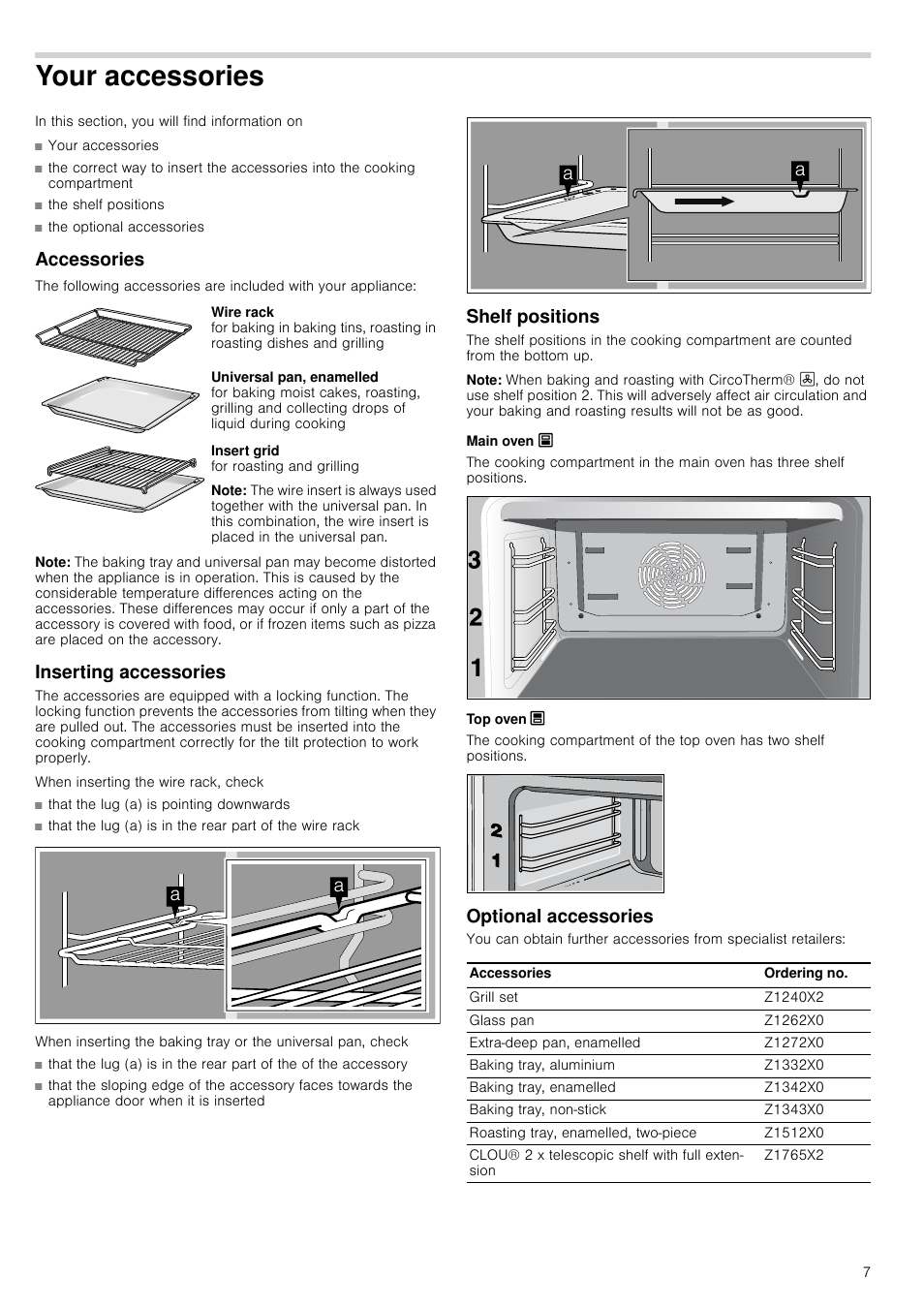 Your accessories, Accessories, Note | Inserting accessories, Shelf positions, Main oven õ, Top oven ô, Optional accessories | Neff U17S32N3GB User Manual | Page 7 / 24
