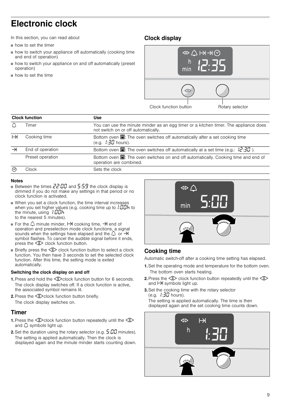 Electronic clock, Clock display, Notes | Switching the clock display on and off, Press the kjclock function button briefly, Timer, Cooking time | Neff U17S32N3GB User Manual | Page 9 / 24