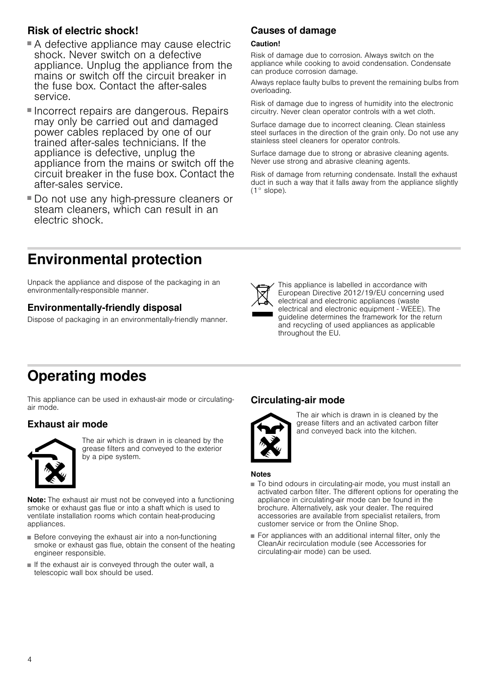 Risk of electric shock, Causes of damage, Caution | Environmental protection, Environmentally-friendly disposal, Operating modes, Exhaust air mode, Note, Circulating-air mode, Notes | Neff D79SR22N0B User Manual | Page 4 / 16