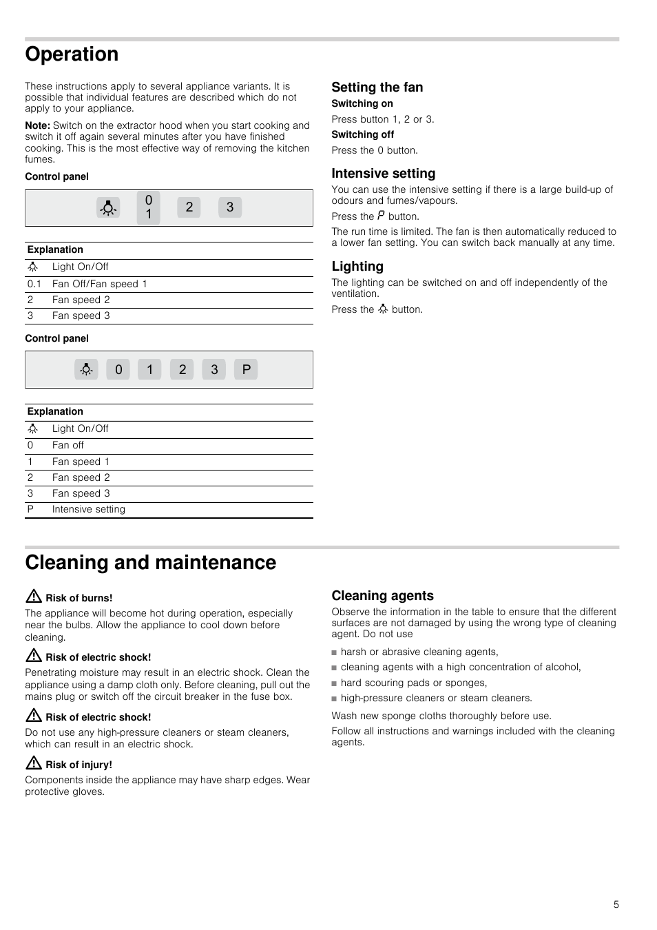 Operation, Note, Control panel | Setting the fan, Intensive setting, Lighting, Press the a button, Cleaning and maintenance, Risk of burns, Risk of electric shock | Neff D79SR22N0B User Manual | Page 5 / 16
