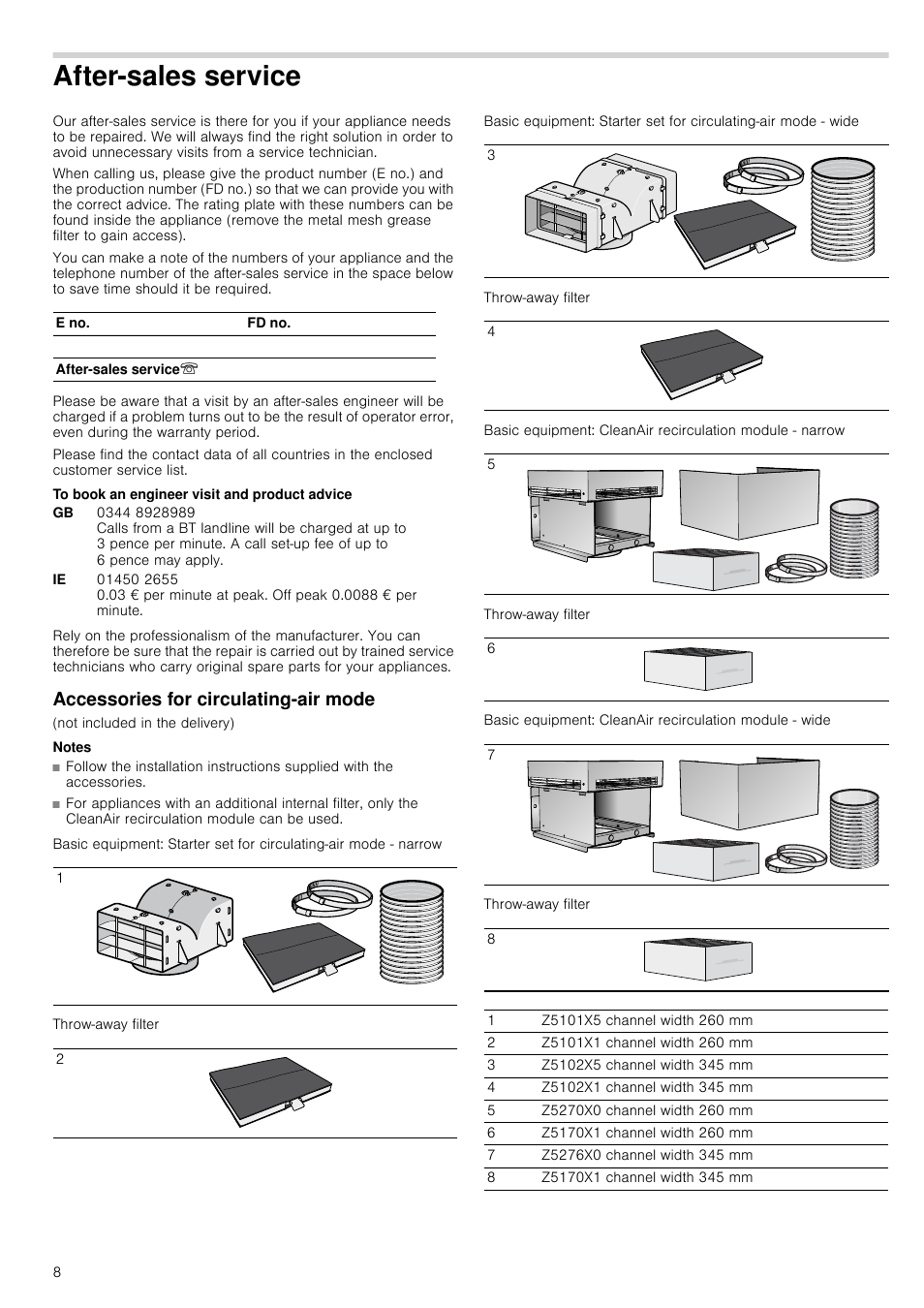After-sales service, To book an engineer visit and product advice, Accessories for circulating-air mode | Notes, Throw-away filter, Vice accessories for circulating-air mode | Neff D79SR22N0B User Manual | Page 8 / 16