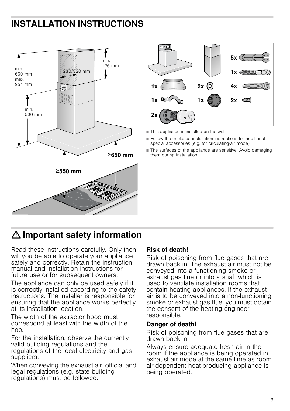 Installation instructions, Important safety information, Risk of death | Danger of death | Neff D79SR22N0B User Manual | Page 9 / 16
