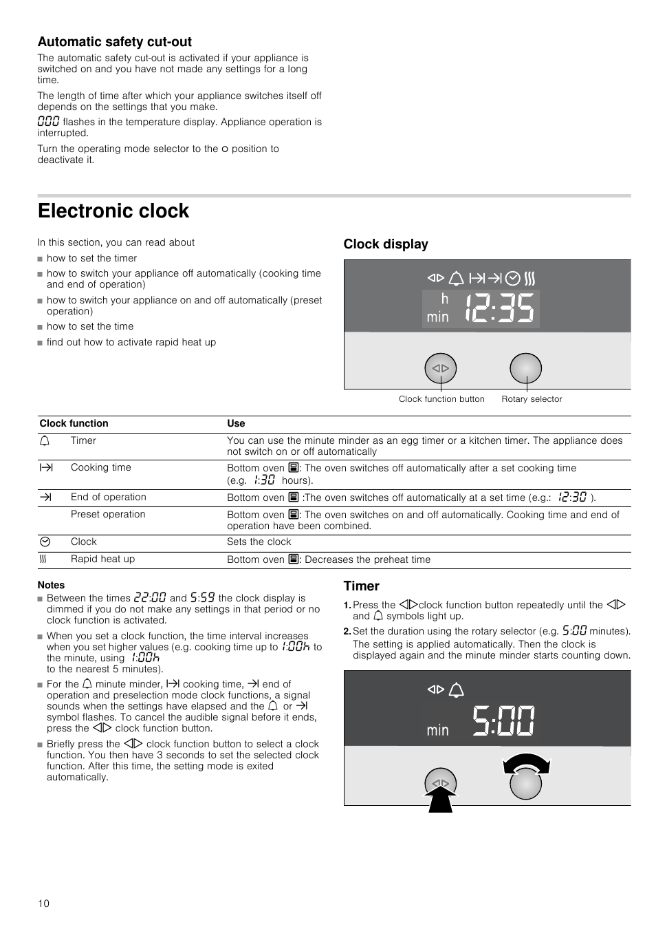 Automatic safety cut-out, Electronic clock, Clock display | Notes, Timer | Neff U15E52N3GB User Manual | Page 10 / 32