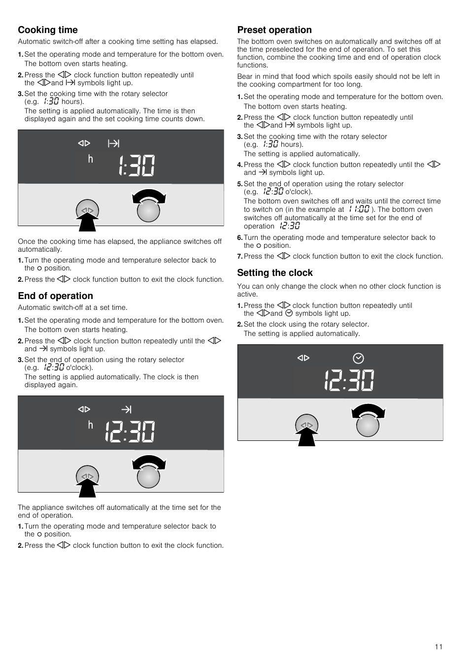 Cooking time, End of operation, Preset operation | Setting the clock, Set the clock using the rotary selector | Neff U15E52N3GB User Manual | Page 11 / 32