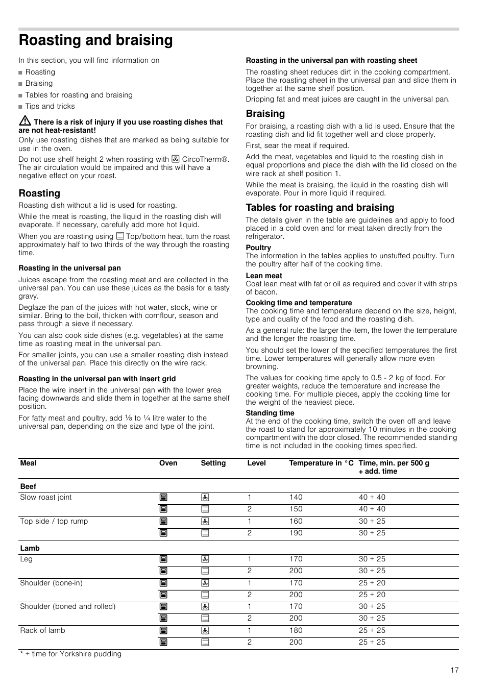 Roasting and braising, Roasting, Roasting in the universal pan | Roasting in the universal pan with insert grid, Roasting in the universal pan with roasting sheet, Braising, Tables for roasting and braising, Aising roasting | Neff U15E52N3GB User Manual | Page 17 / 32