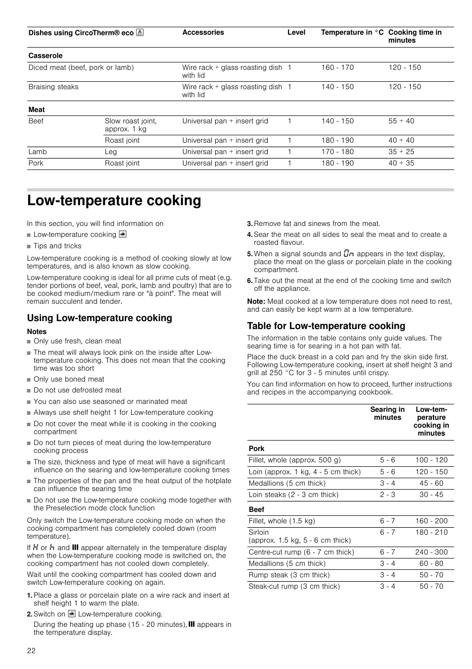 Low-temperature cooking, Using low-temperature cooking, Notes | Switch on / low-temperature cooking, Remove fat and sinews from the meat, Note, Table for low-temperature cooking | Neff U15E52N3GB User Manual | Page 22 / 32